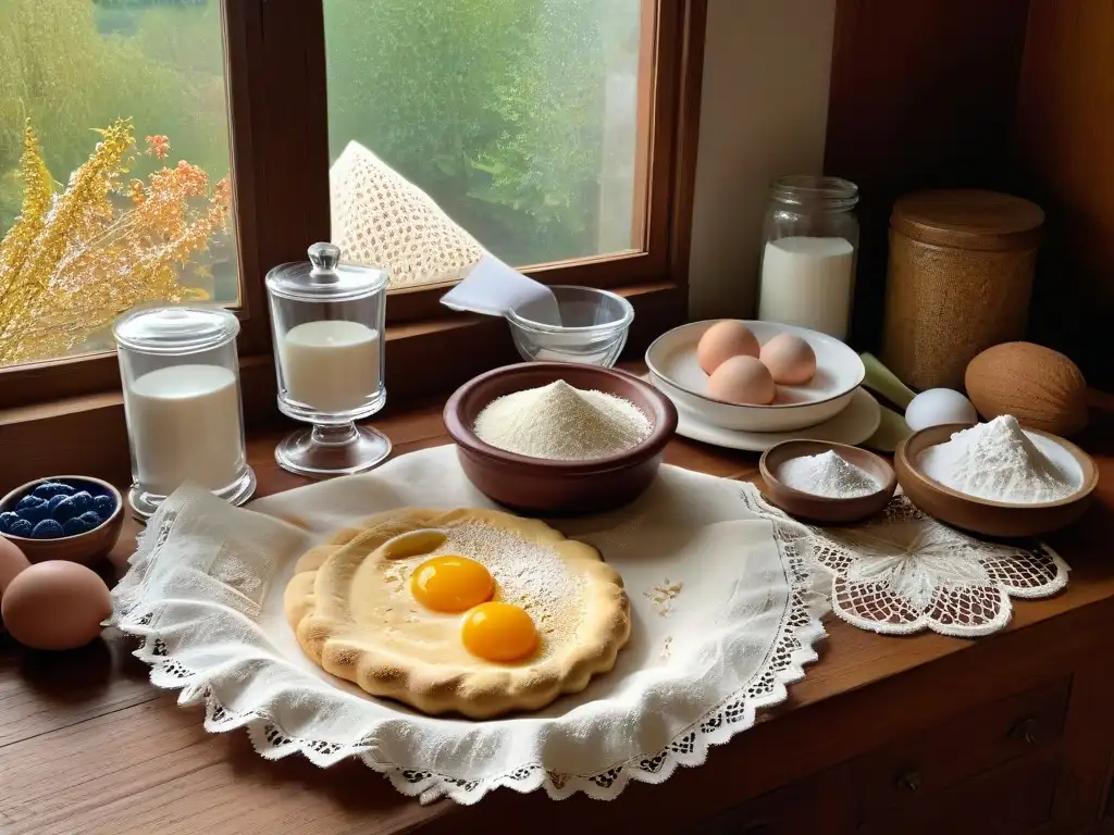 Escena nostálgica de cocina vintage con ingredientes clásicos Una escena nostálgica de repostería tradicional con ingredientes y utensilios vintage