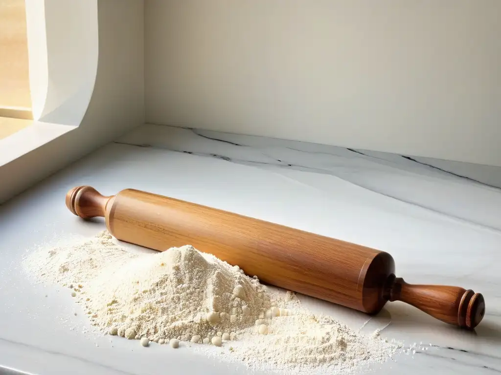 Una escena nostálgica de repostería tradicional: un rodillo de madera vintage y harina en un elegante mostrador de mármol iluminado por luz natural