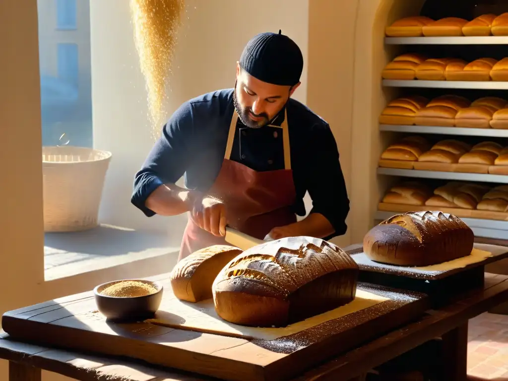 Escena en una panadería cálida: mesa rústica de madera con harina de centeno para pan y panes recién horneados