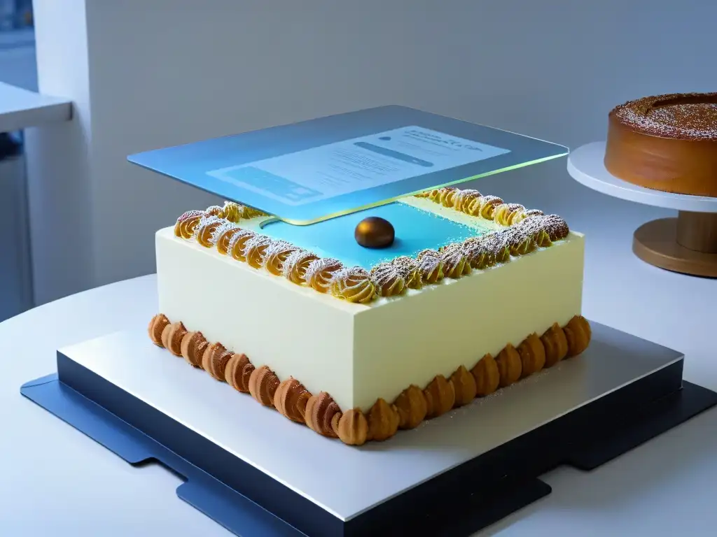 Escena de repostería innovadora: un pastel virtual se ensambla en una cocina moderna con realidad aumentada en repostería innovadora