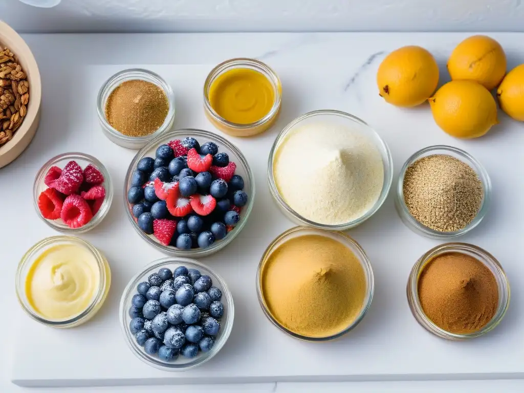 Una escena de repostería vegana sin gluten deliciosa con ingredientes elegantes en un mostrador de mármol