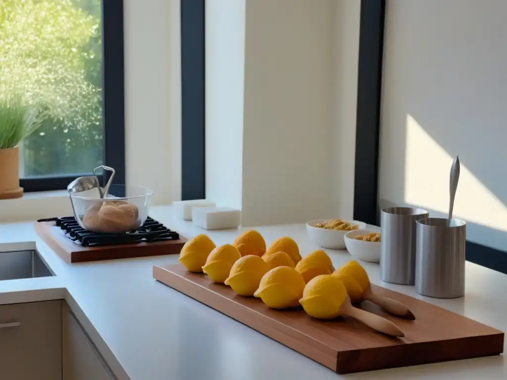 Escena serena de cocina minimalista con utensilios de repostería ordenados, ideal para técnicas fundamentales repostería principiantes