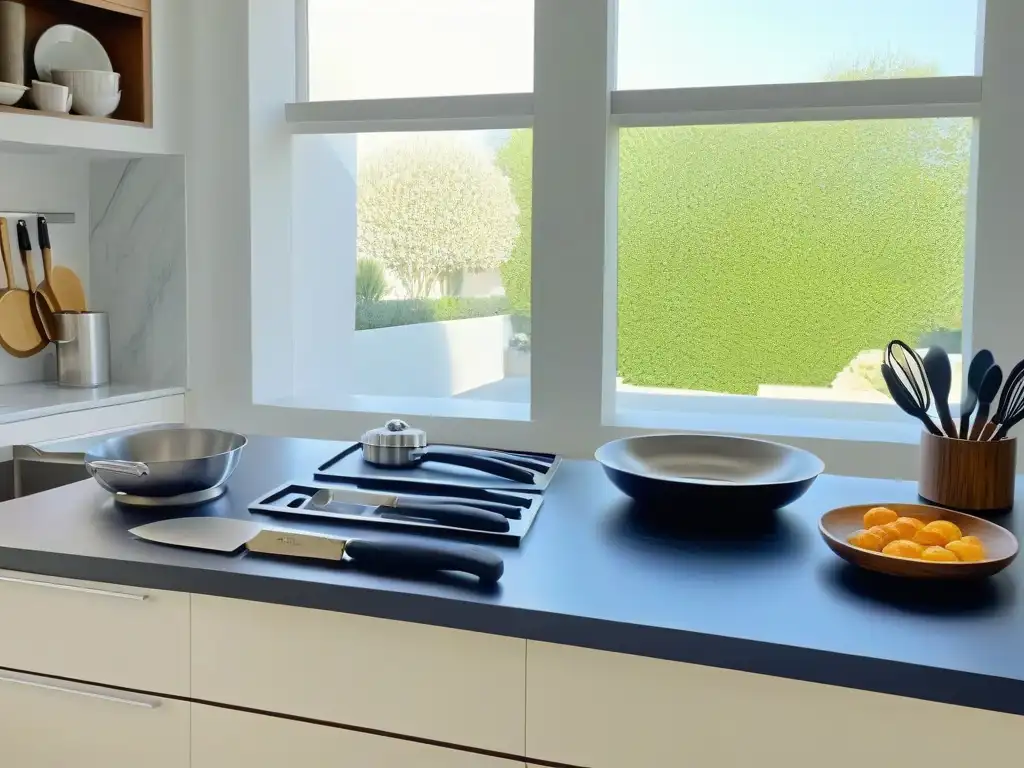 Utensilios de cocina de alta gama en un ambiente sereno Escena serena de cocina moderna con utensilios de alta gama en un hermoso encimera de mármol