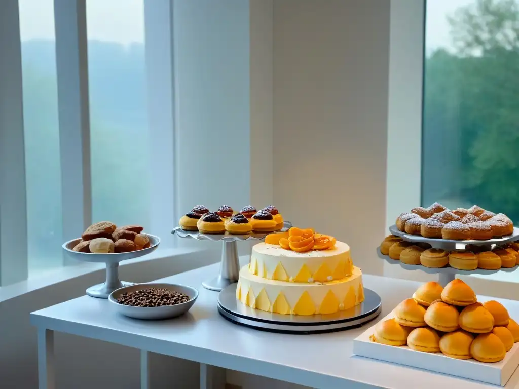 Escena serena en un retiro de cocina para reposteros con utensilios y repostería recién horneada