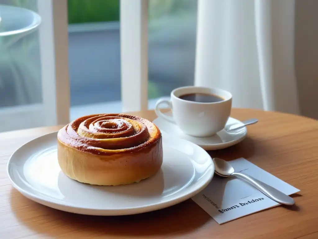 'Escena serena de fika sueco con mesa de madera, taza de café, cuchara de plata y bollo de canela, en ambiente cálido y acogedor