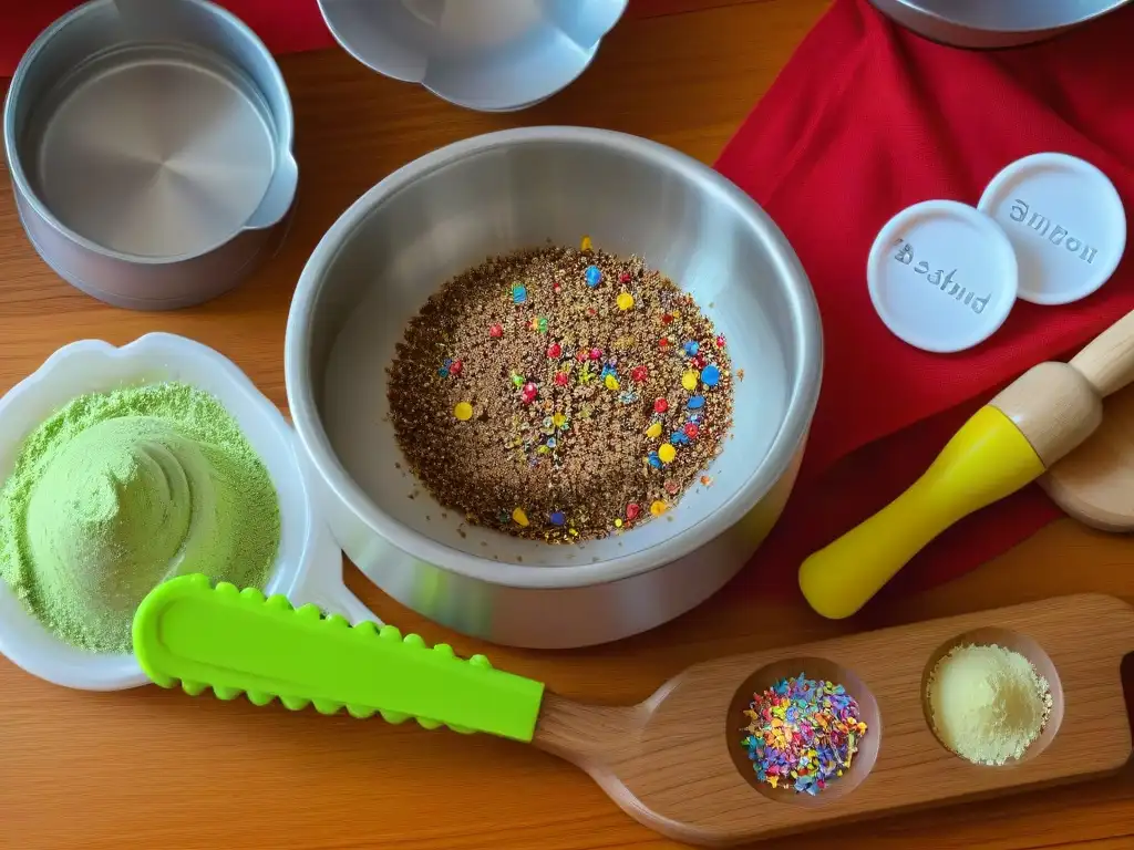 Escena serena de utensilios y ingredientes coloridos para recetas de repostería infantil divertidas