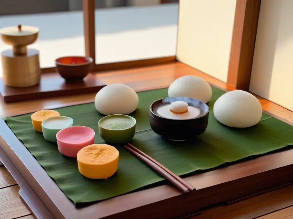 Escena tranquila con secretos arte mochi tradicional innovador: té japonés y postres de mochi modernos en bandeja de bambú