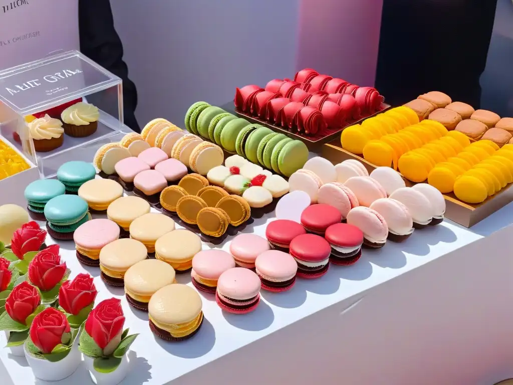Escena vibrante de festival de postres con macarons, cupcakes y tartas rodeados de vegetación exuberante y luces de hadas