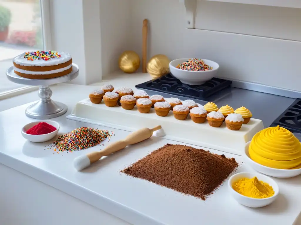 Escena vibrante de herramientas de repostería en miniatura sobre mármol blanco