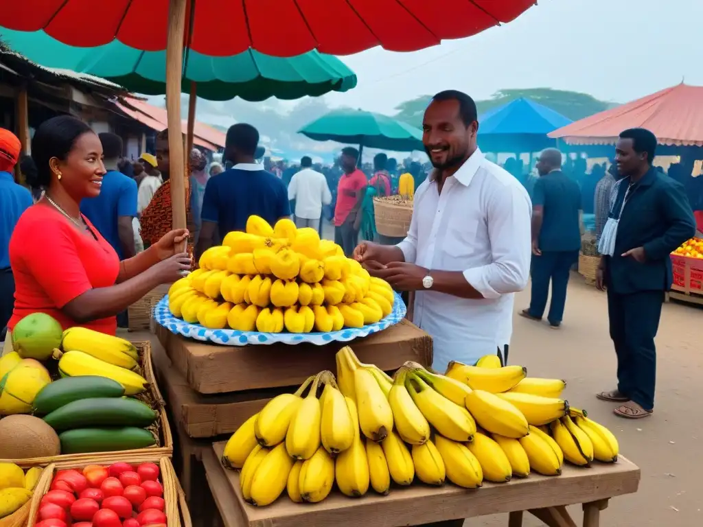 Escena vibrante de mercado en Mozambique, con plátanos y anacardos