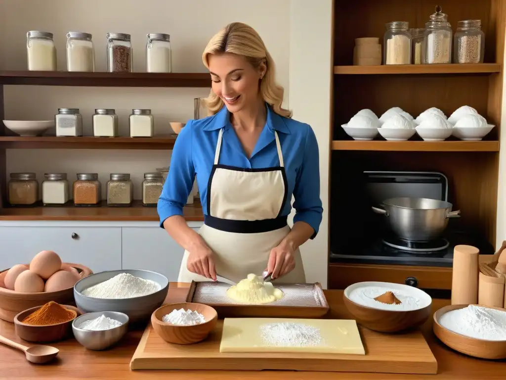 Una escena vintage de repostería con sabores y aromas, donde una mujer elabora postres clásicos con elegancia y nostalgia