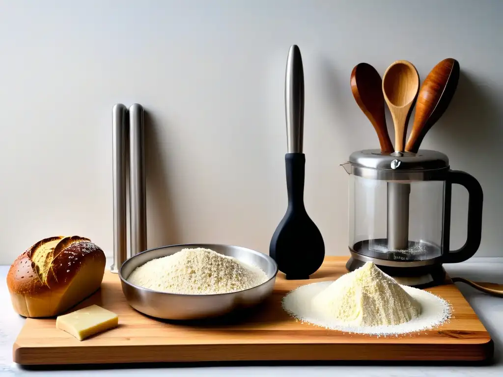 Un escenario acogedor y aspiracional de una cocina moderna equipada para hacer pan en casa, con herramientas artesanales