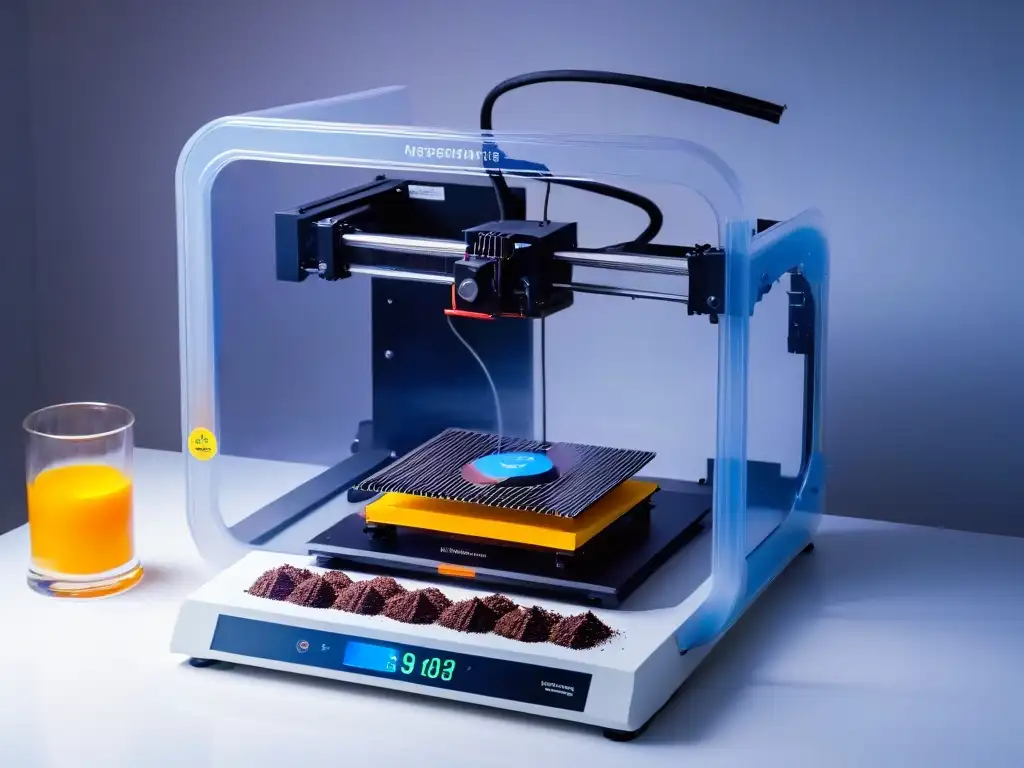 Un escenario cautivador de imprimir chocolates artísticos en 3D con ingredientes premium y una luz ambiental suave