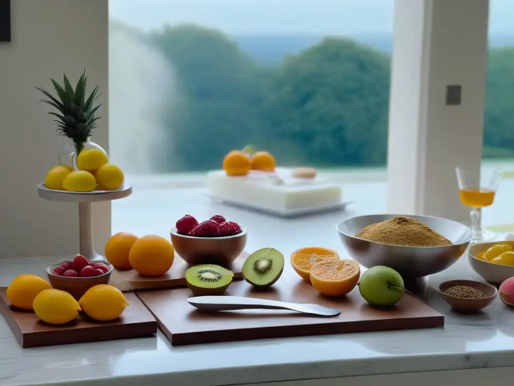 Un escenario meticulosamente detallado de una encimera de mármol blanco en una cocina moderna, decorada con utensilios e ingredientes de repostería