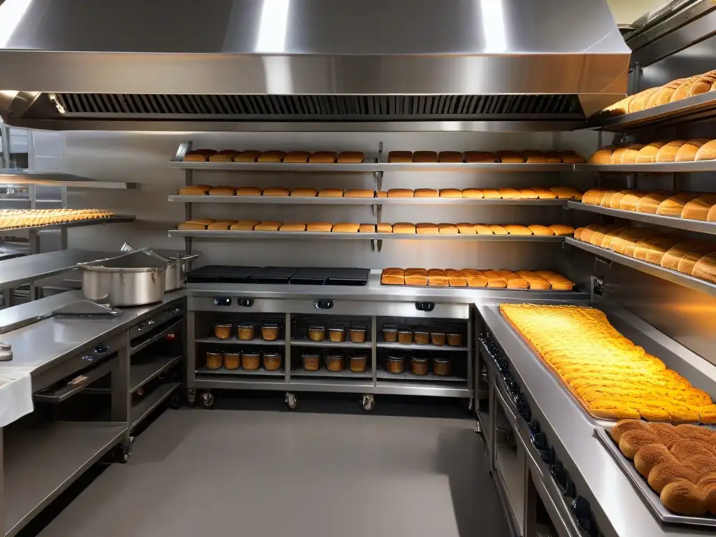 Escenario impecable de una cocina de repostería organizada, con utensilios de precisión y un horno moderno brillante