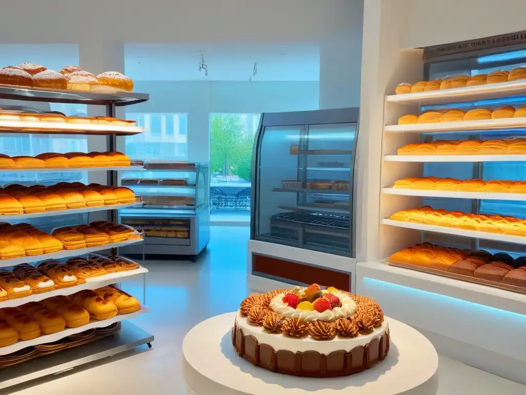 Un escenario minimalista y moderno de una cocina de panadería con un elegante mostrador de mármol blanco lleno de pasteles y dulces recién horneados