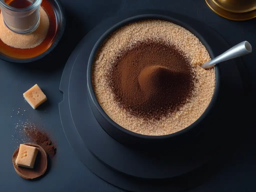 Un escenario misterioso con postres inspirados en la serie: lupa sobre mesa negra con cubos de azúcar, cacao y migajas