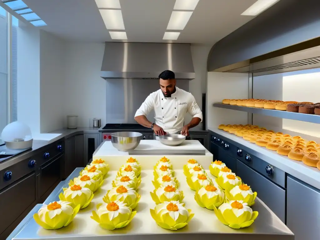 Un escenario de repostería moderna y elegante donde un chef crea una delicada flor de azúcar