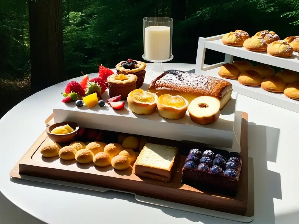 Un escenario sereno en un bosque con una mesa de madera rústica y exquisitos postres