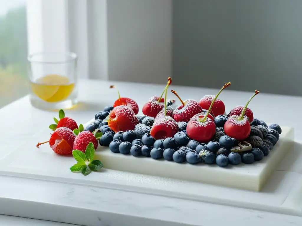 Un escenario sereno en una cocina minimalista con ingredientes frescos y coloridos, ideal para Retiros de Repostería Experiencial