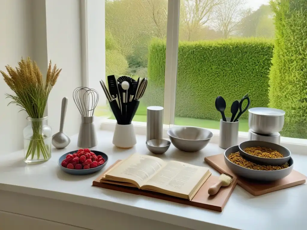 Un escenario sereno de cocina con utensilios de repostería en mármol