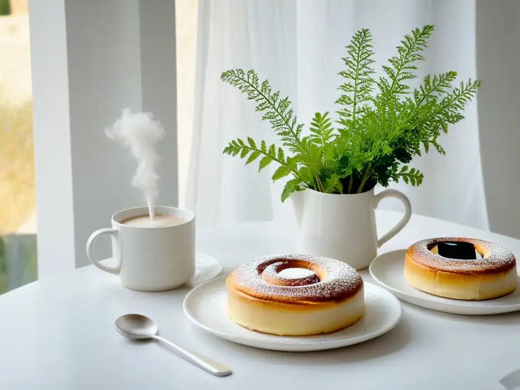 Un escenario sereno y elegante de una mesa de fika sueca, con taza de café, bollo de canela y decoración floral