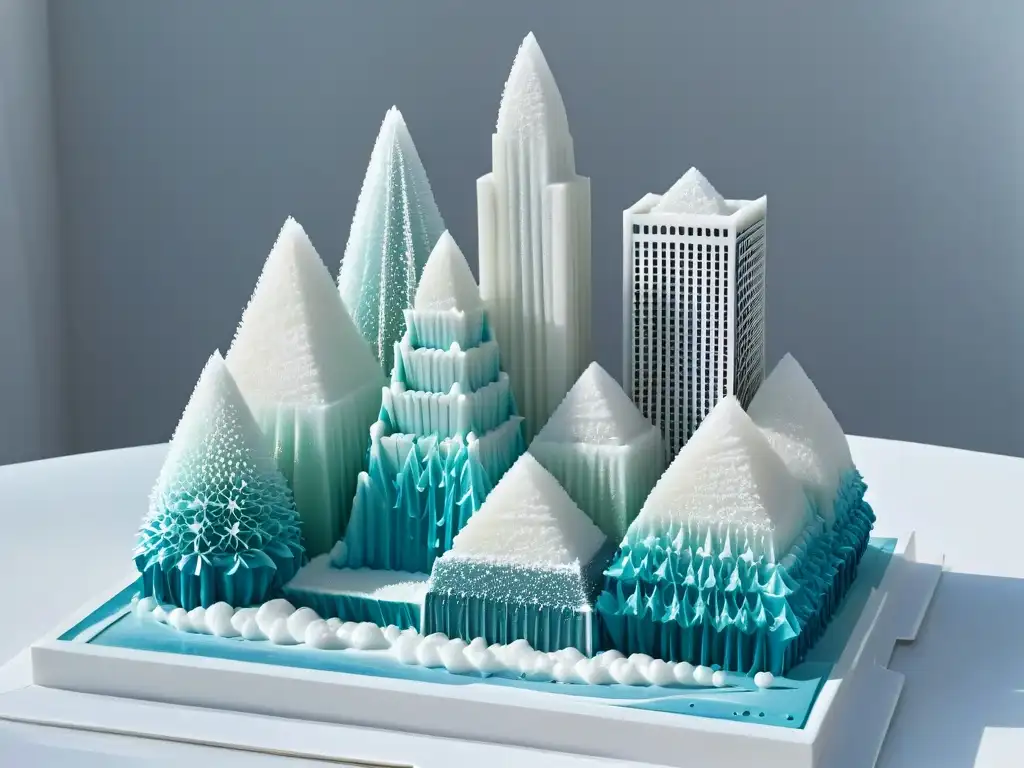 Escultura de azúcar futurista: precisión y arte en la gastronomía molecular Escultura de azúcar detallada representando una ciudad futurista sobre plato blanco minimalista, reflejando tendencias repostería molecular futuro