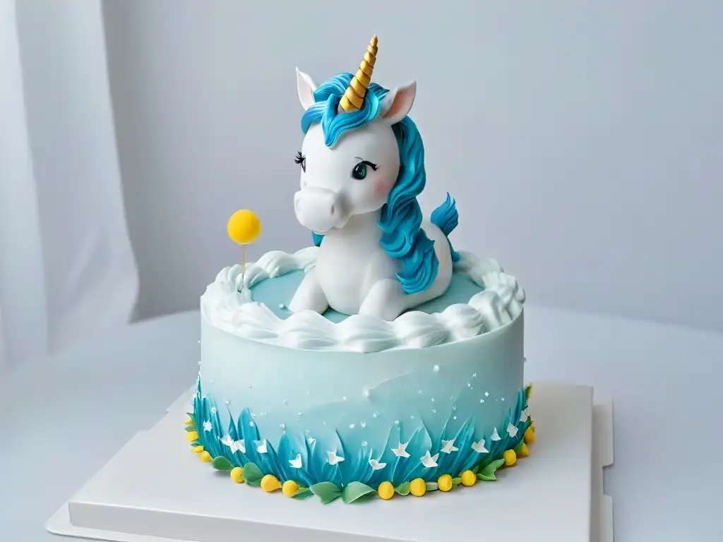 Escultura de azúcar detallada de un majestuoso unicornio en un suave fondo pastel