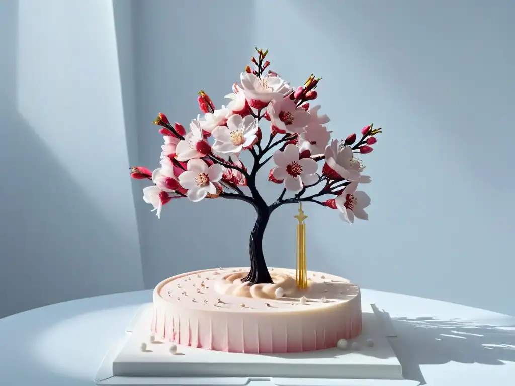 Una escultura de azúcar de un cerezo en flor impresa en 3D destaca la fusión de tecnología y arte en postres sostenibles