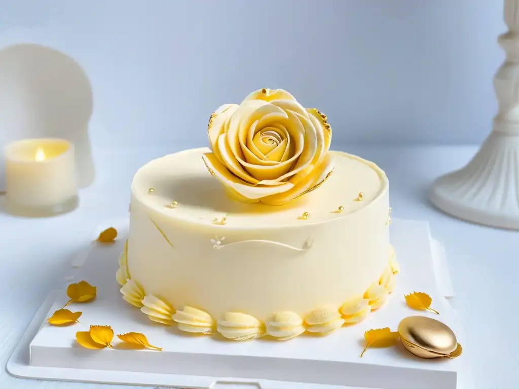 Centro postre: escultura de chocolate blanco en forma de rosa Una escultura de chocolate blanco en forma de rosa rodeada de macarons pastel y detalles en hoja de oro