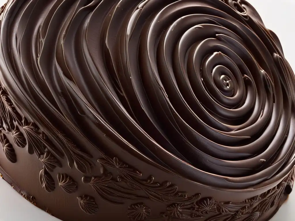 Una escultura de chocolate brillante con intrincadas texturas y técnicas de repostería, destacando su elegante diseño minimalista