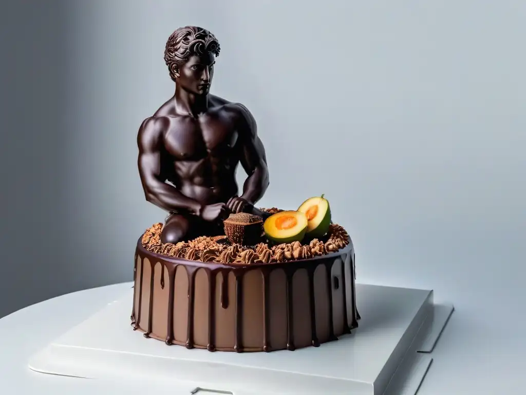 Escultura de chocolate delicada inspirada en David de Miguel Ángel, fusionando arte clásico con técnicas de modelado en chocolate