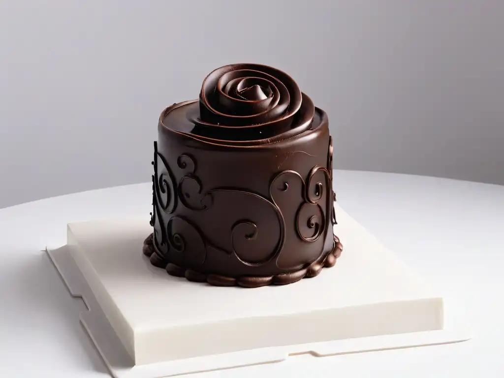 Escultura de chocolate delicada con técnicas avanzadas en chocolatería, elegante y sofisticada sobre fondo blanco