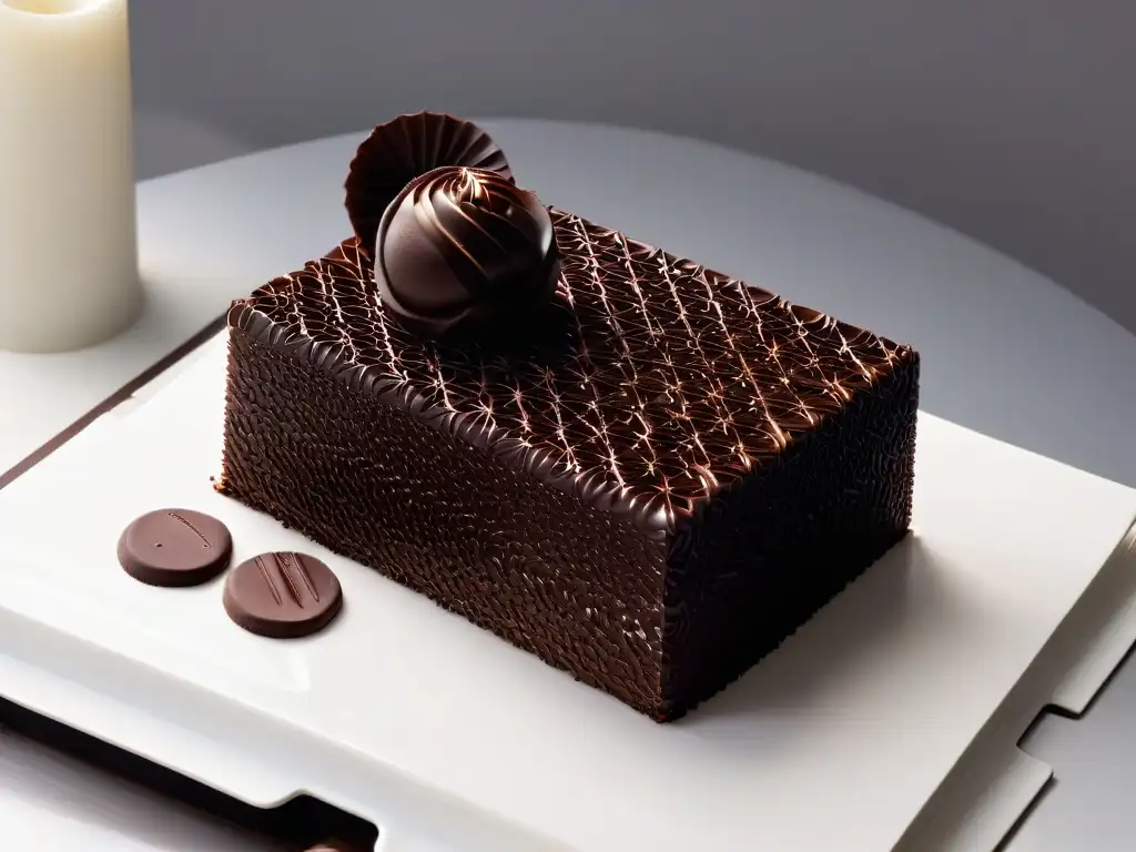 Escultura de chocolate 3D: detalle y sofisticación Escultura de chocolate detallada creada con técnicas de impresión de chocolate 3D, exhibida elegantemente en un plato blanco