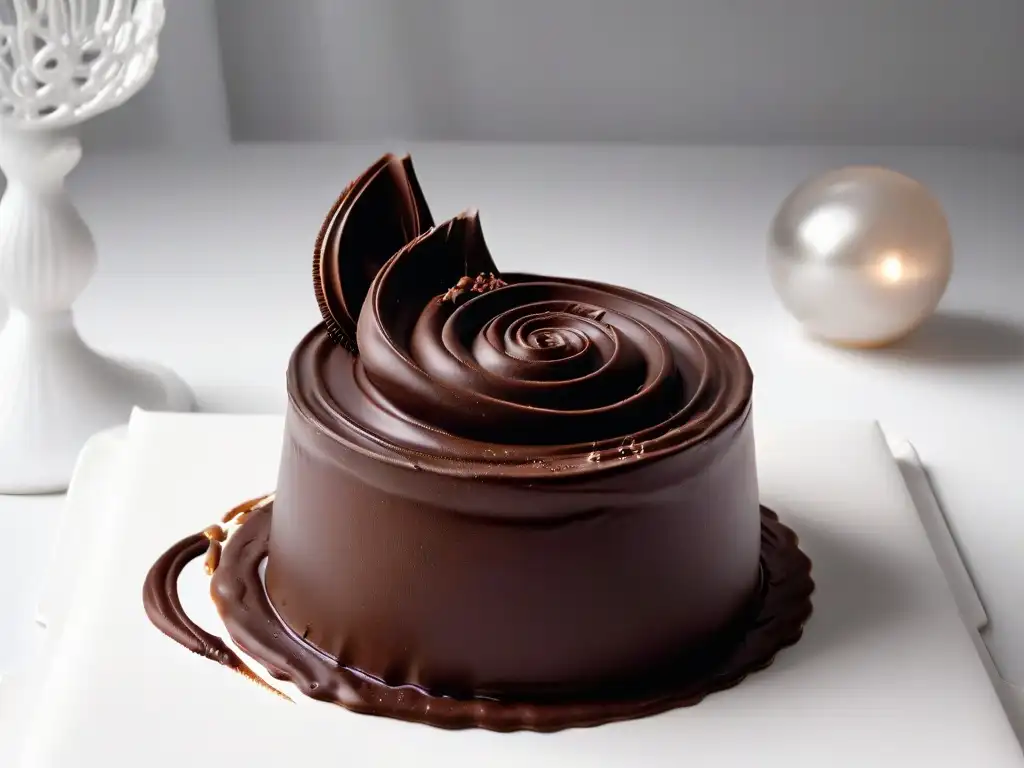 Una escultura de chocolate detallada sobre un plato blanco minimalista, mostrando técnicas avanzadas en chocolatería