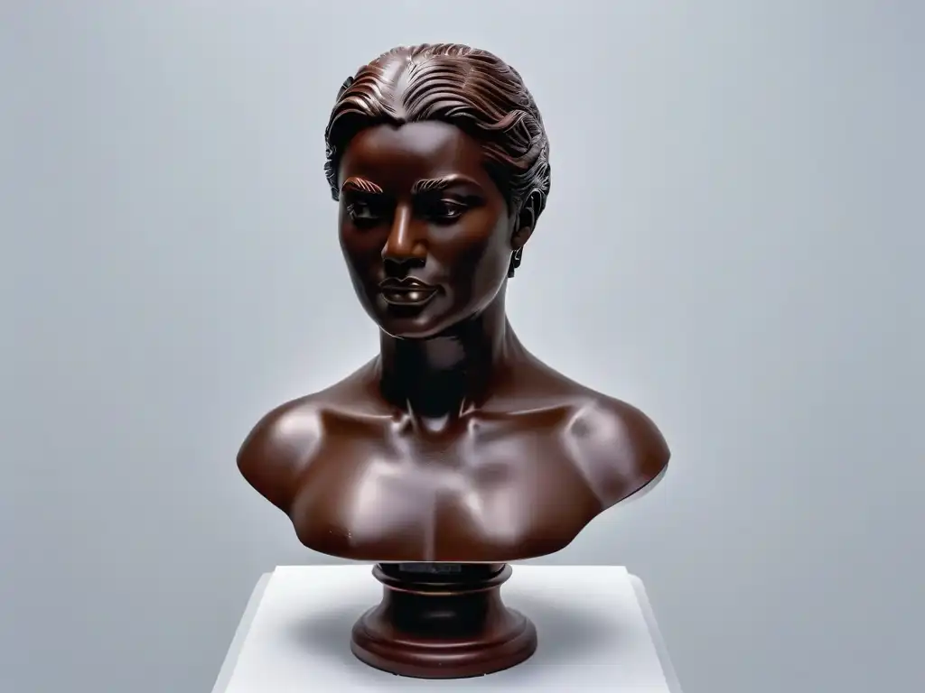 Escultura de chocolate inspirada en el arte clásico: detalles delicados y técnica de modelado destacan en pedestal blanco