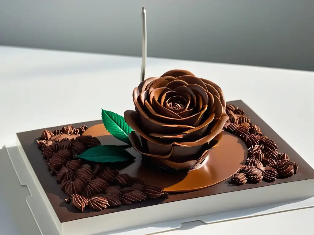 Escultura de chocolate: rosa delicada y detallada Escultura de chocolate de una rosa delicada, ideal para principiantes en figuras de chocolate