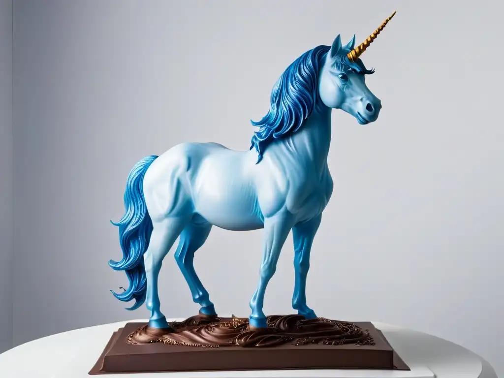 Escultura de chocolate de unicornio majestuoso en concurso de repostería inusual