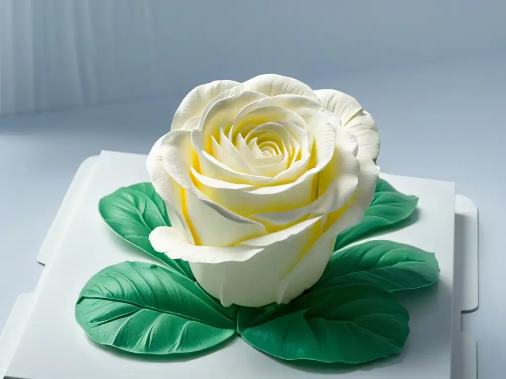Escultura de azúcar de rosa en detalle, resaltando la artesanía