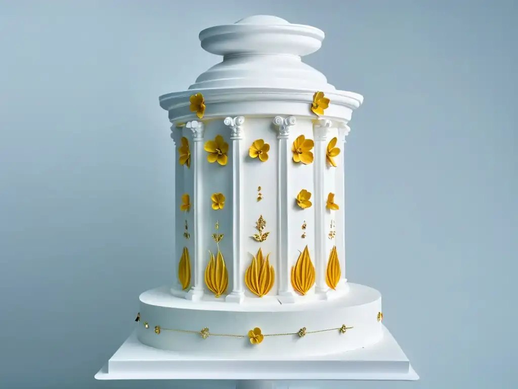 Escultura de azúcar estilo Renacimiento con detalles dorados y flores comestibles, sobre fondo blanco