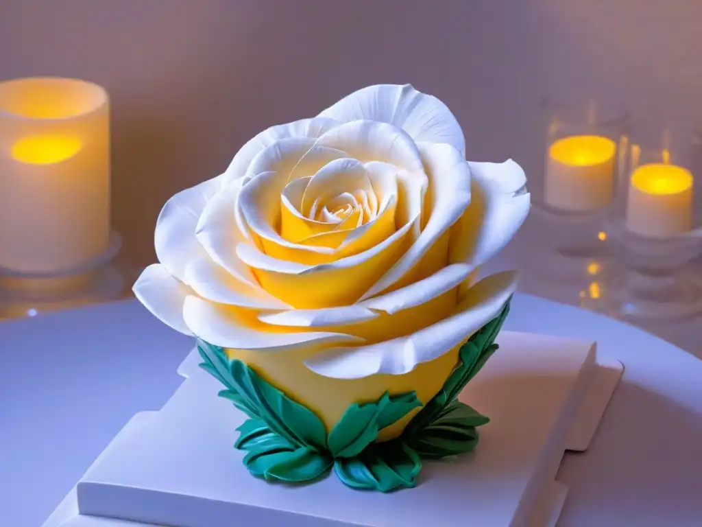 Una escultura de azúcar para eventos: una rosa detallada iluminada en una mesa elegante en un evento de lujo