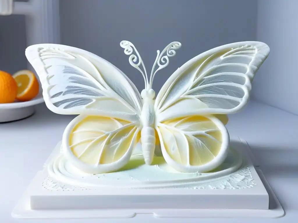 Una escultura de azúcar en forma de mariposa creada con impresión 3D