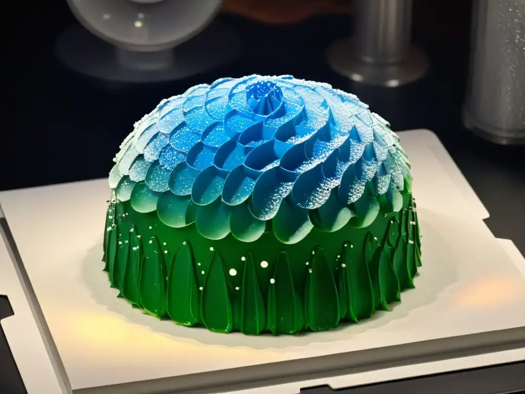 Escultura de azúcar futurista con patrones geométricos y texturas brillantes, representando las tendencias en recetas de repostería molecular