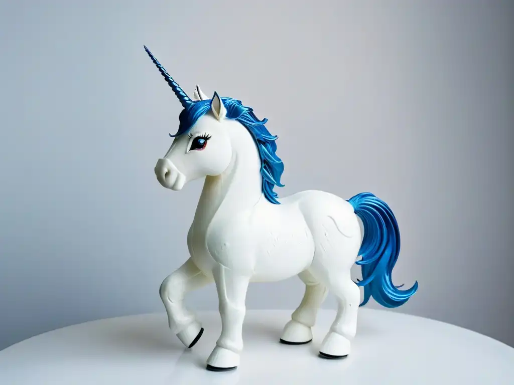 Escultura de azúcar majestuoso unicornio blanco con detalles brillantes en fondo blanco