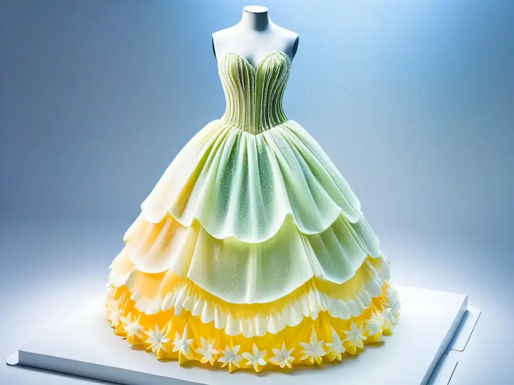 Escultura de azúcar en moda: una delicada creación que evoca un vestido de alta costura, detallado con encajes y bordados, sobre fondo blanco