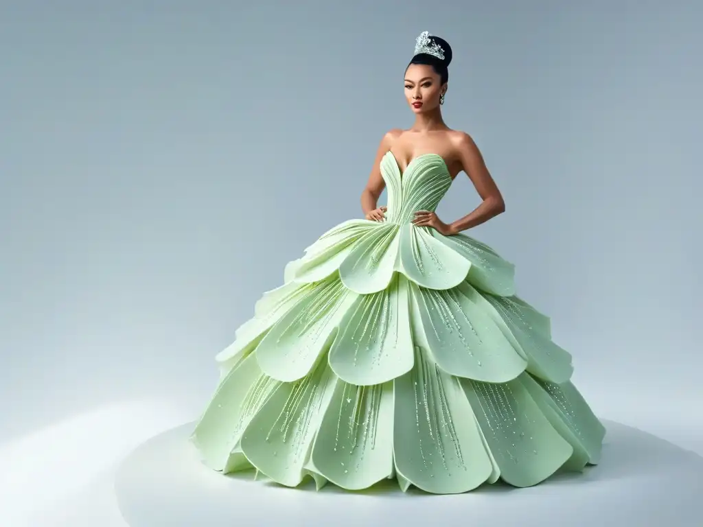 Escultura de azúcar en moda: Detallada y elegante creación con patrones intrincados sobre fondo blanco, fusionando arte y moda