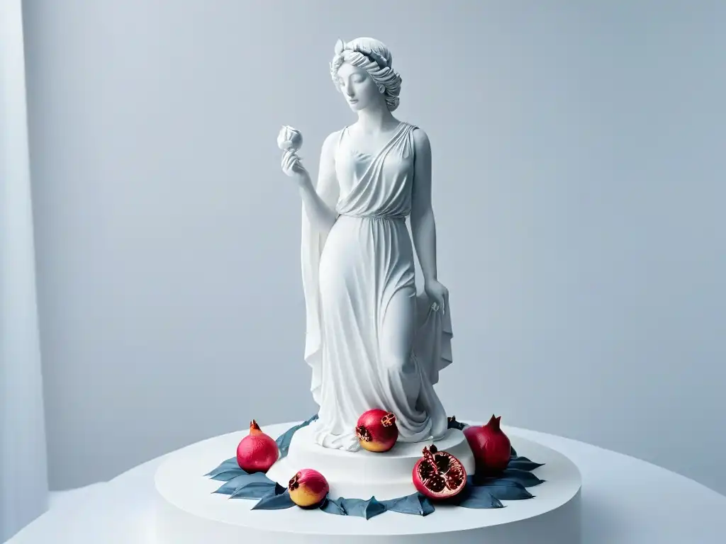 Una escultura de azúcar de Persefone descendiendo al Inframundo, con detalles de granadas y Hades, en postres creativos con mitos clásicos