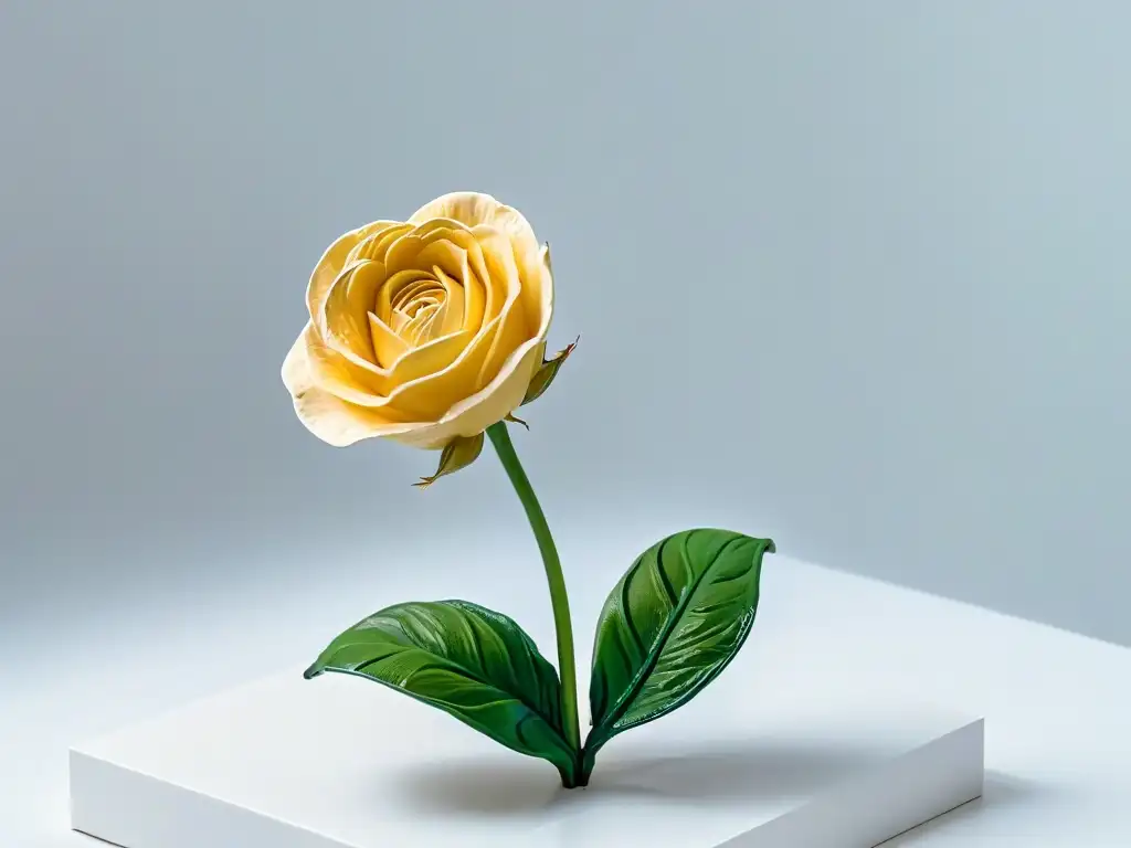 Una escultura de azúcar de una rosa en plena floración, detallada y delicada, destacando su belleza y fragilidad en una composición minimalista
