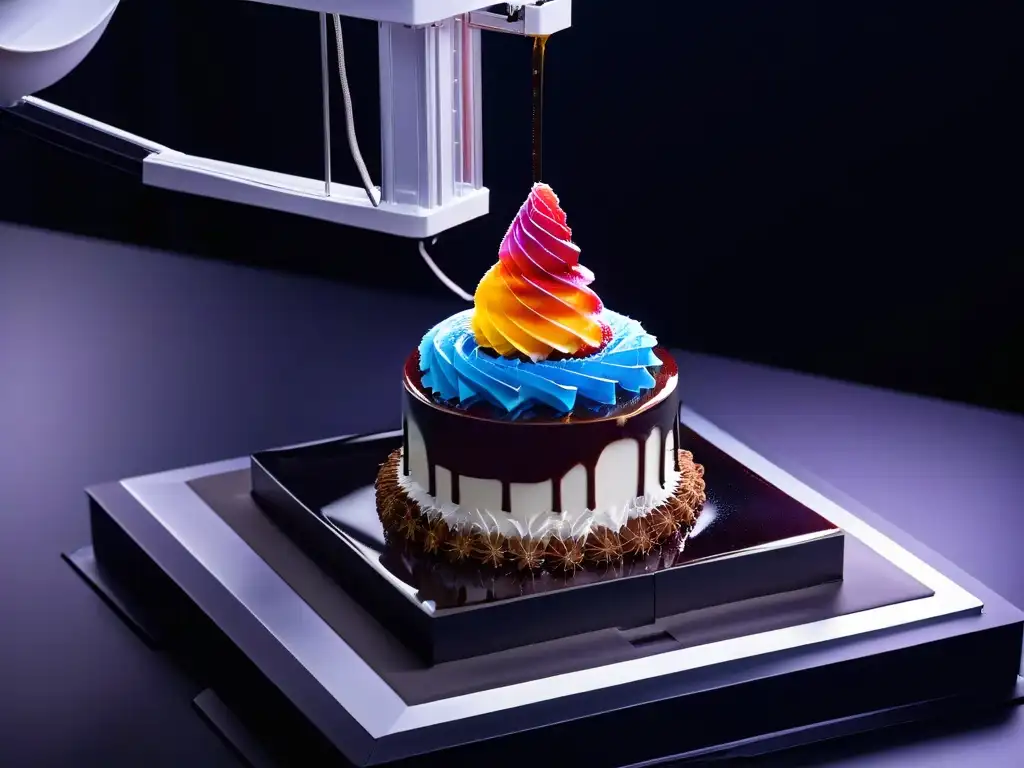 Escultura de postres impresos en 3D flotando en el aire, creada por una impresora futurista plateada de alta definición