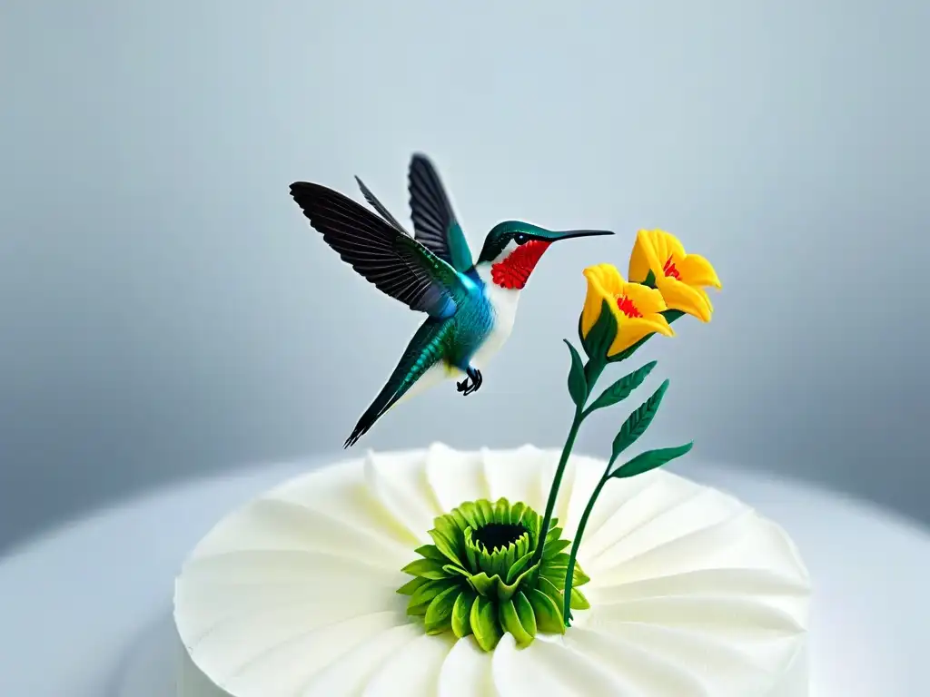 Escultura de azúcar en repostería: un colibrí y flores de azúcar detallados en fondo blanco